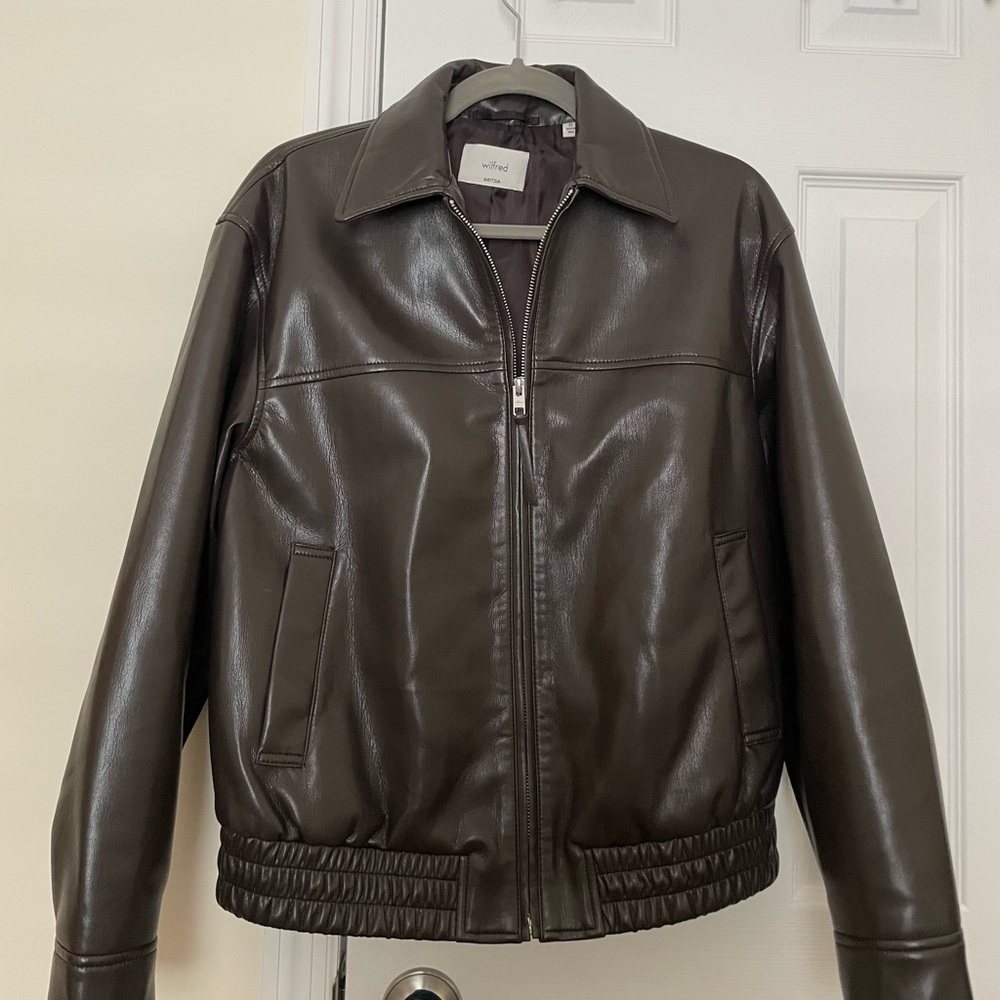 Aritzia Dark Brown UnReal Leather Bomber Jacket